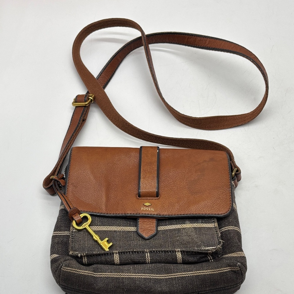 Fossil Tan Leather and Gray Fabric Crossbody Bag MCB9042K